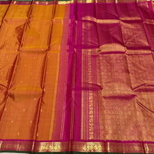 Sahana- Beautiful double tone Mustard with Magenta Shot Arakku Buttas Handwoven Pure Jari Kanjivaram Silk with green selvedges rich pallu and contrast woven blouse