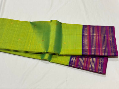 Vintage Style Design- Sneha Green with Violetish Blue with Varisaipet Borders buttas Handwoven Pure Jari Korvai Kanjivaram Silk Saree with rich antique style pallu and contrast woven blouse beauty