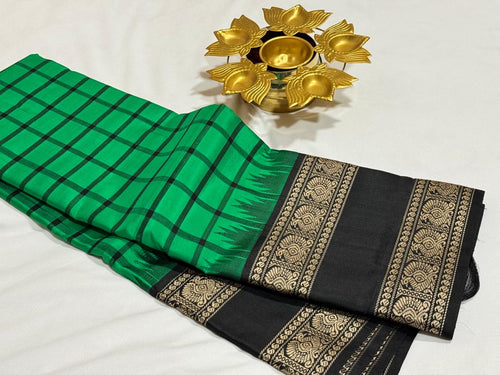 Bright Emerald Green with Black Zariless Handwoven Pure Kanjivaram Silk Saree with temple doublepet borders and checked body beauty