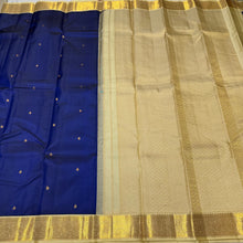 Deep Blue with Creamish White Buttas Korvai Handwoven Pure Kanjivaram Silk Saree with rich borders pallu and contrast woven blouse