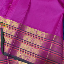 Vaibhogam- Stunning Deep Blue with Fuchsia Pink Handwoven Pure Jari Korvai Kanjivaram Silk with beautiful buttas woven body with rich varisaipet borders beautiful pallu and contrast woven blouse with green selvedges
