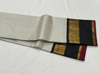 Black and White Podikattam with Korvai Handwoven Pure Jari Kanjivaram Silk Saree with rich borders Pillayar rekku pallu and contrast blouse beauty