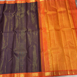 Coffee Brown with Burnt Orange Vairaoosi Korvai Handwoven Pure Jari Kanjivaram Silk Saree Small borders beauty