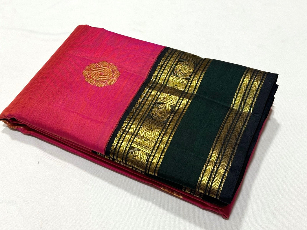 Tomato Pink with Bottle Green Black Buttas Korvai Handwoven Pure Jari Kanjivaram Silk Saree Beauty