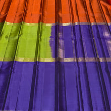 Sahana- Gorgeous Green wjth Purple and Rust Mubbagam Style Handwoven Pure Kanjivaram Silk with beautiful classic borders pallet and contrast woven blouse