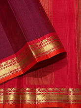 Nayaki- Beautiful Maroon with Orange  Handwoven Pure Kanjivaram Silk with Plain body with small temples woven beautiful borders rich seer pallu and contrast woven blouse