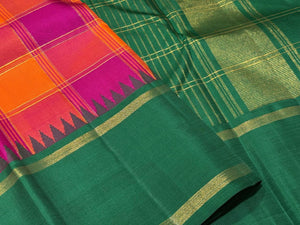 Palum Pazhamum Multicolored Checks with Green Handwoven Pure Jari Korvai Kanjivaram Silk Saree