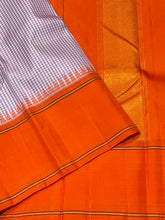 Sarasangi- Gorgeous Lavendar with Orange Handwoven Pure Jari Korvai Kanjivaram Silk with Kasakasa Podikattam woven body with temples woven borders rich jari woven seer pallu and contrast woven blouse