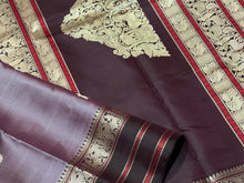 Premium Zariless Weave- Mauve with Brown Handwoven Pure Zariless Kanchipuram Silk Saree with 5 different buttas woven body rich borders gorgeous Sorgavaasal inspired pallu and contrast woven blouse