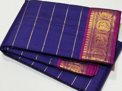 Deep Blue with Dark Magenta Jari Veldhari Handwoven Pure Kanjivaram Silk Saree with beautiful borders rich pallu and contrast woven blouse