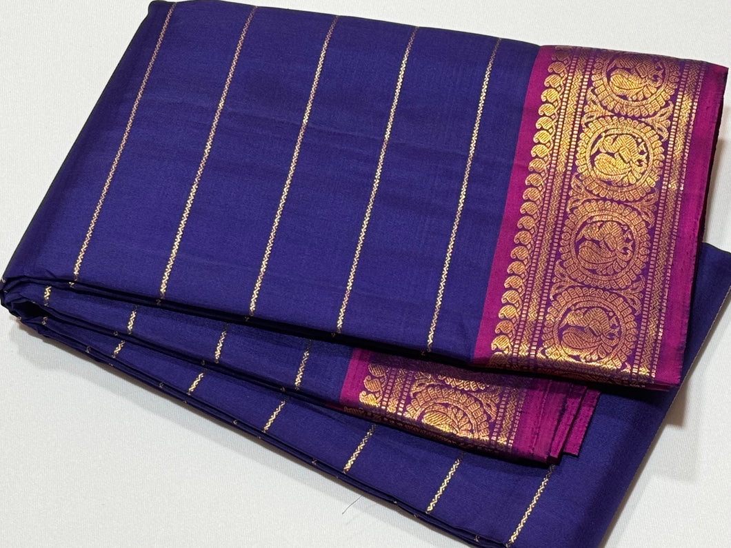 Deep Blue with Dark Magenta Jari Veldhari Handwoven Pure Kanjivaram Silk Saree with beautiful borders rich pallu and contrast woven blouse