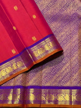 Sahana- Gorgeous Orange with Vadamalli Purple Buttas Handwoven Pure Kanjivaram Silk with beautiful small and rich borders gorgeous pallu and contrast woven blouse