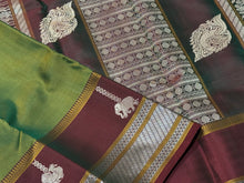 Premium Zariless Vintage Weave- Dual tone Moss Green with Deep Manthulir Handwoven Pure Kanjivaram Silk Saree with Hanging elephants paisleys in borders rich peacocks in shanku woven Pallu and contrast blouse beauty