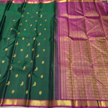 Sahana- Gorgeous Deep Forest Green with Dark Magenta Handwoven Pure Jari Kanjivaram Silk with Muthukattam with Mayil Kuyil Bird buttas woven beautiful body with small borders rich 1000 buttas style woven pallu and contrast woven blouse