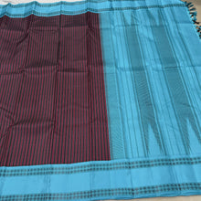 Saraswati- Gorgeous Deep Maroon and Black with Sky Blue Premium Zariless Handwoven Pure Korvai Kanjivaram Silk Saree with beautiful striped body lovely rettapet rudrakshas woven borders rich classic seer pallu and contrast woven blouse