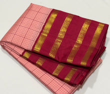 Vaibhogam- Beautiful Peach with Arakku Red Handwoven Pure Jari Korvai Checked Kanjivaram Silk with beautiful tetrapet borders rich and classic pallu and contrast woven beautiful blouse