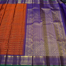 Sahana- Stunning  Rust Orange with Purple Handwoven Pure Jari Kanjivaram Silk with Jari Veldhari Body with rich borders pallu and contrast woven blouse