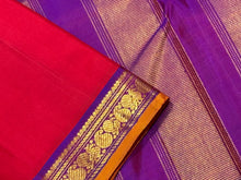 Red with Purple Handwoven Pure Jari Kanjivaram Silk Saree small borders beauty
