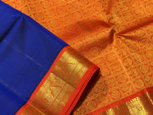 Stunning MS Blue with Bright Orange Handwoven Pure Jari Korvai Kanjivaram Silk Saree with Rich Borders Gorgeous Pallu and Contrast woven blouse