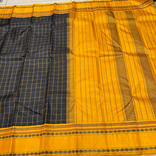 Premium Weave- Black with Mustard Yellow Handwoven Pure Zariless Korvai Kanjivaram silk saree with rudrakshapet borders checked body classic pallu and contrast woven blouse beauty