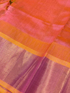 Offwhite with Peachish Orange Korvai with Handpinchwai Block Printed Kanjivaram Silkcotton Beauty