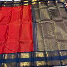 Vaibhogam- Gorgeous Red with Deep Saphire Blue Vairaoosi Handwoven Pure 2g Jari Korvai Kanjivaram Silk with beautiful doublepet borders rich pallu and contrast woven beautiful blouse beauty