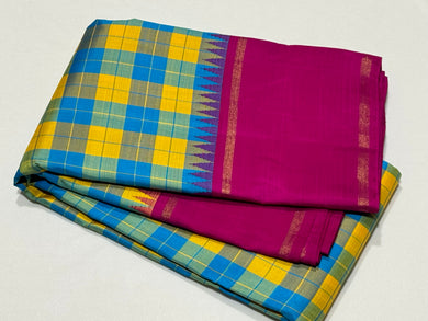 Blue and Yellow Double Colored Checks with Rani Pink Handwoven Pure Jari Korvai with Temple Borders Kanjivaram Silk Saree Beauty