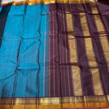 Raman Blue with Brown Spaced Borders Handwoven Pure Jari Kanjivaram Silk Saree Beauty