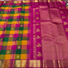 Sahana- Gorgeous Palum Pazhamum Multichecks with Gandaberunda Motifs Handwoven Pure Jari Kanjivaram Silk with rich borders gorgeous pallu and contrast zari striped beautiful blouse