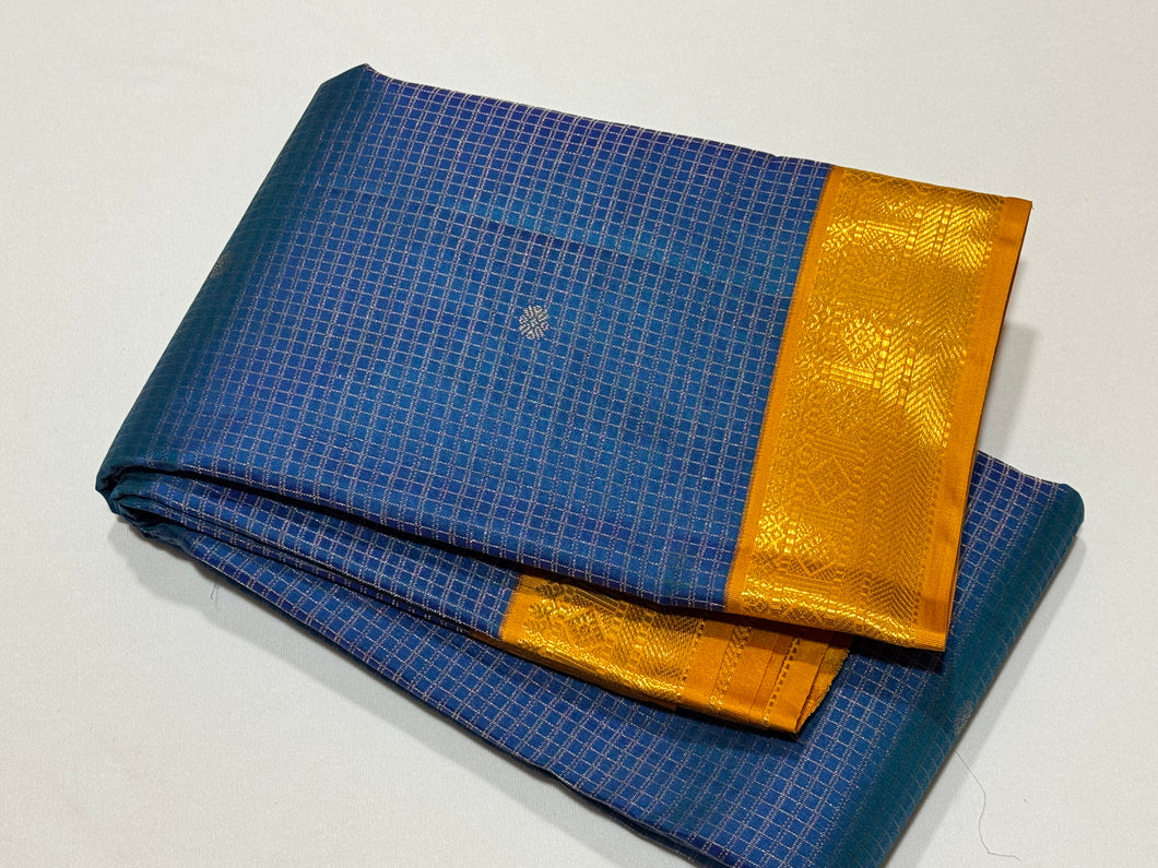 Peacock Blue with Golden Mustard Jari Oosi Kattam with Buttas Korvai Handwoven Pure Korvai Kanjivaram Silk Saree Beauty