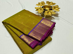 Sampanga Green with Violetish Purple Buttas Handwoven Pure Kanjivaram Silk Saree Beauty