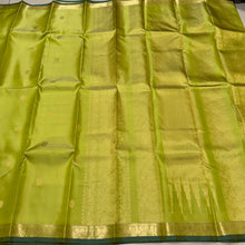 Sahana- Stunning Bright Lime Green with Gold Small Borders with Buttas Handwoven Pure Kanjivaram Silk with Bottle Green Selvedges Rich Pallu and Self Colored blouse