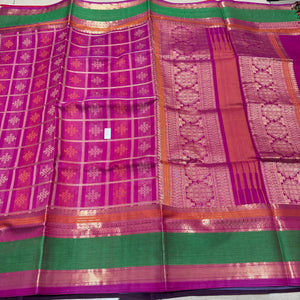 Rani Pink with Green Kolam Motifs Handwoven Premium Kanchipuram Silkcottons Saree Beauty