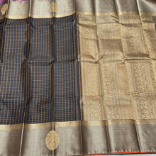 Black with Greyish Beige Handwoven Pure Kanjivaram Silk Saree with Muthukattam checked body with Gandaberunda Buttas woven borders rich pallu and contrast woven blouse