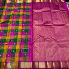 Vaibhogam- Stunning Palum Pazhamum Multichecks with Jari kattam and mayil chakram buttas Handwoven Pure 2g Jari Kanjivaram Silk with rich borders pallu and contrast pink blouse beauty