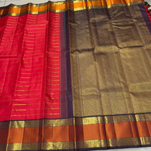 Vaibhogam- Red with Deep Pakku Brown Handwoven Pure Jari Korvai Kanjivaram Silk with Jari Veldhari woven beautiful body with gorgeous doublept silk and jari woven borders rich pallu and contrast woven blouse
