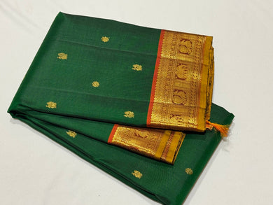 Emerald Green with Rust Buttas Handwoven Pure Jari Kanjivaram Silk Saree with rich borders pallu and contrast woven blouse beauty