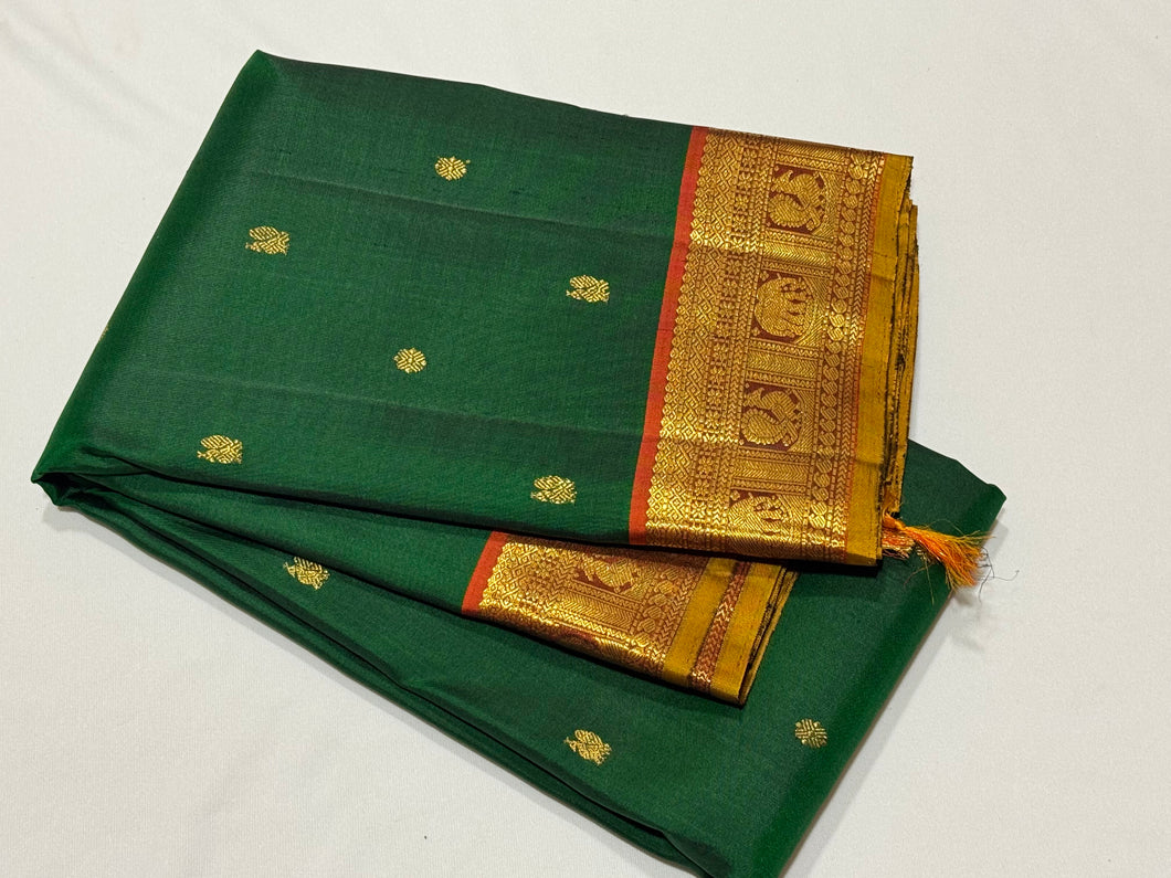 Emerald Green with Rust Buttas Handwoven Pure Jari Kanjivaram Silk Saree with rich borders pallu and contrast woven blouse beauty