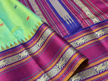 Pista Green with Navy Blue Buttas Korvai Handwoven Pure Zariless Kanjivaram Silk Saree Beauty with Long Borders