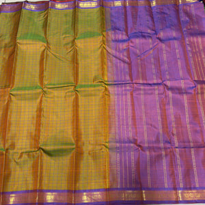 Dual tone Yellow Sampanga with Lavendar Checks Handwoven Pure Jari Kanjivaram Silk Saree Small Borders Beauty