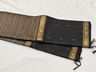 Black and Grey Handwoven Pure Jari Mubbakam Kanjivaram Silk Saree with Paisleys and Rudrakshas woven middle body and mallimoggu buttas borders sorgavasal inspired pallu and contrast blouse