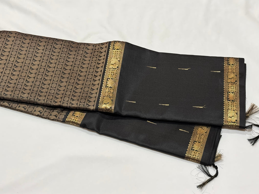 Black and Grey Handwoven Pure Jari Mubbakam Kanjivaram Silk Saree with Paisleys and Rudrakshas woven middle body and mallimoggu buttas borders sorgavasal inspired pallu and contrast blouse