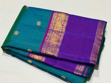 Peacock Bluish Green with Purple Buttas with Rettapet Borders Handwoven Pure Jari Kanjivaram Silk Saree Beauty