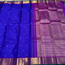 Royal Blue with Purple Buttas Handwoven Pure Jari Kanjivaram Silk Saree with rich buttas woven body , intricate mayil chakram buttas woven borders, gorgeous pallu and contrast woven blouse