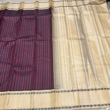 Gorgeous Handwoven Pure Zero Zari Korvai Kanjivaram Silk Saree witu maroon and black striped body with gorgeous creamish white rudrakshapet woven borders classic seer pallu and contrast woven blouse