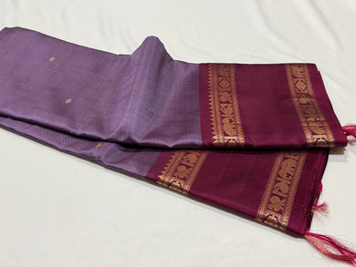 Mauve with Deep Maroonish Magenta Buttas with Rettapet Borders Handwoven Pure Jari Kanchipuram Silk Saree with Peacock Butta woven pallu beauty