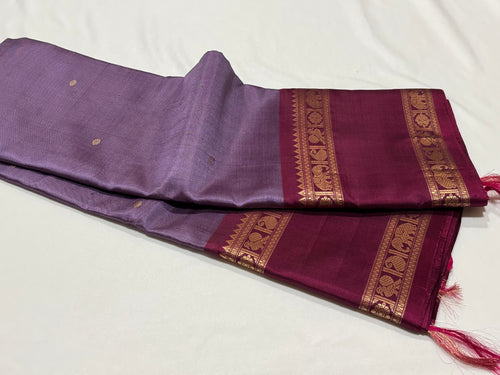 Mauve with Deep Maroonish Magenta Buttas with Rettapet Borders Handwoven Pure Jari Kanchipuram Silk Saree with Peacock Butta woven pallu beauty