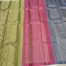 Saranga-Beautiful Elaichi Green with Onion Pink and Grey Double Pallu Handwoven Pure Kanjivaram Borderless Silk with Mayil Chakram thread buttas woven body with rich pallu and contrast grey color blouse