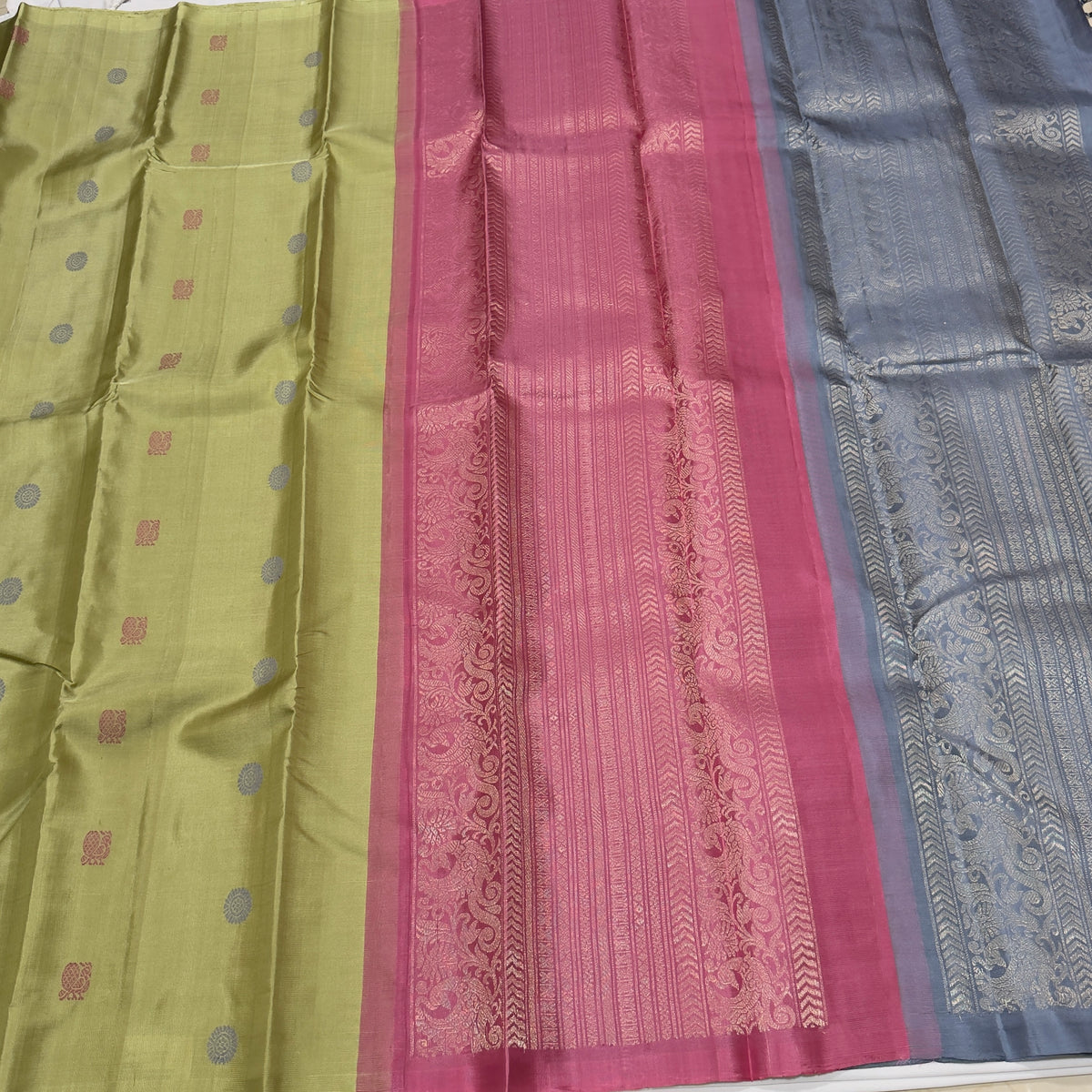 Saranga-Beautiful Elaichi Green with Onion Pink and Grey Double Pallu ...