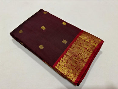 Brown with deep burnt orange red buttas Handwoven Pure Jari Kanjivaram Silk Saree Beauty